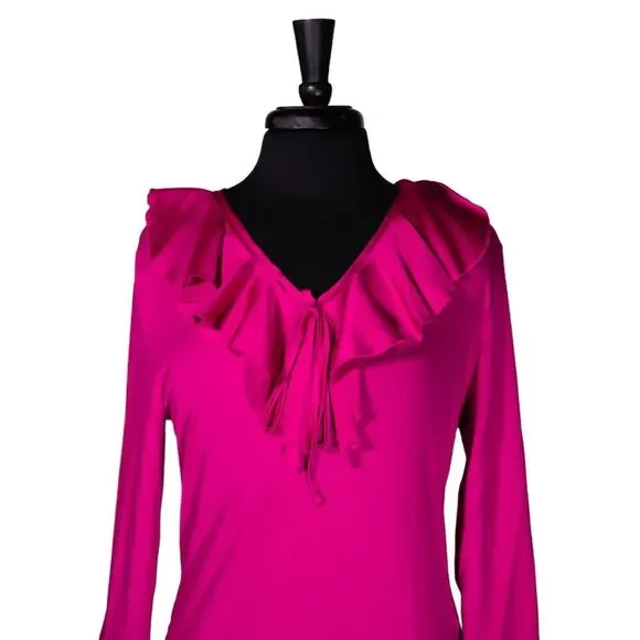 Ralph Lauren Women's Blouse Pink Satin Ruffle Stretch V-Neck 3/4 Sleeve Top L - Picture 5 of 9